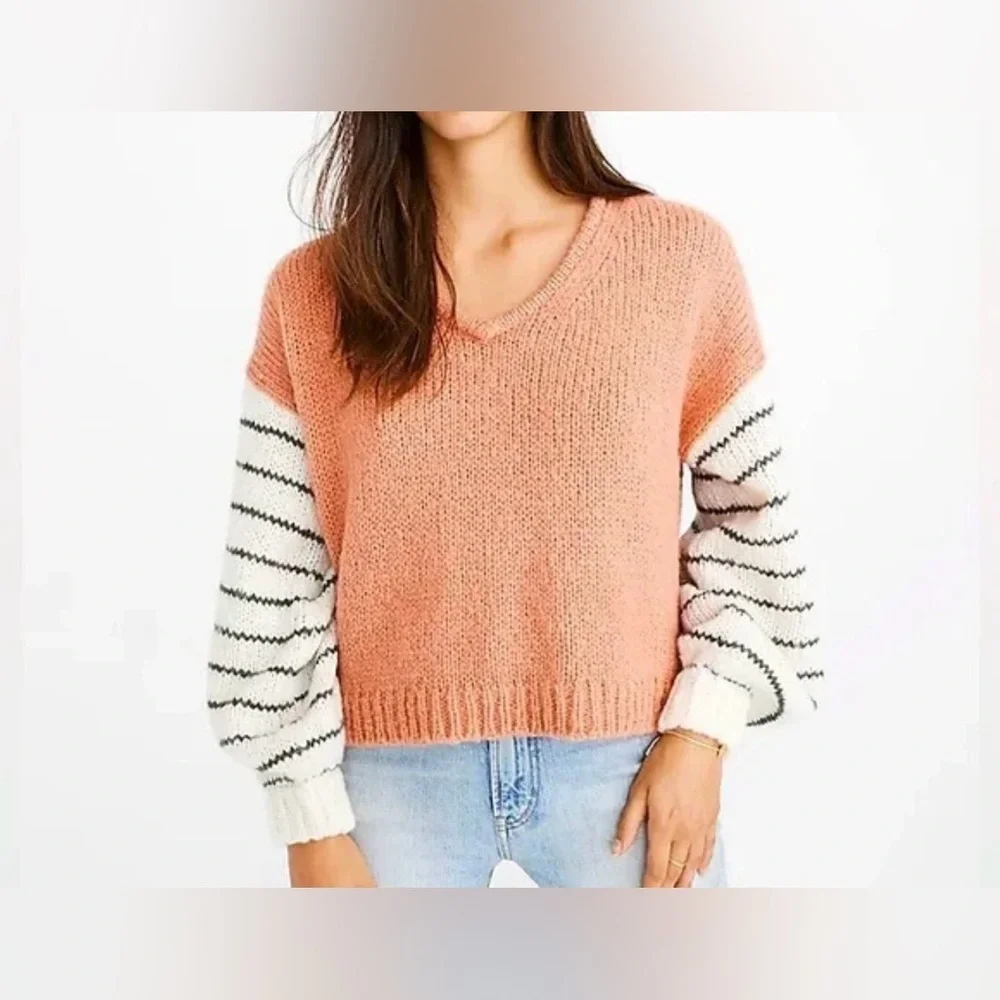 Madewell Sweater Womens Size XS Multicolor Striped V-Neck Balloon Sleeve Knit - Picture 1 of 8